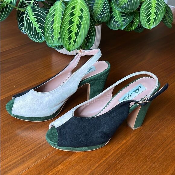 Lulu Hun ModCloth Black, White & Green peep toe Slingback Heels platform size 9 - Picture 1 of 10